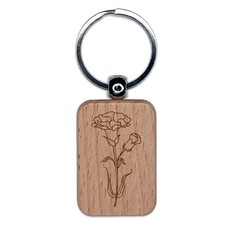 Hand Drawn Carnation Flower Engraved Wood Rectangle Keychain Tag Charm