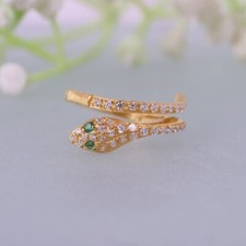 Gold plated Snake Ring with CZ Emerald Eyes Adjustable Serpent Jewelry