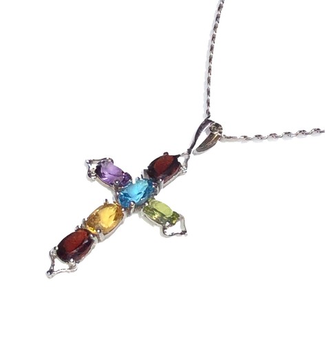 ¡Colgante con dije de cruz de diseño elegante de oro blanco de 14K con piedras ovaladas multicolores! - Imagen 2 de 9