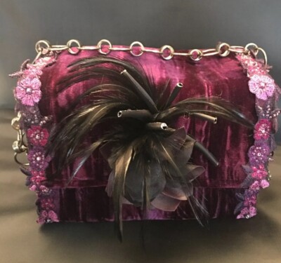 Not Sisters Two, Beautiful Purple Velvet Hand Bag/purse W Blk Feather/Flower