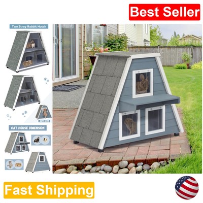 Modern Weather-Resistant Cat House with Spacious Interior - Grey Wood Finish