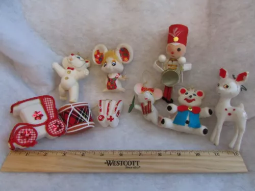 Vintage Christmas Ornament Lot Japan Hong Kong Flocked Felt 8 Pc Lot