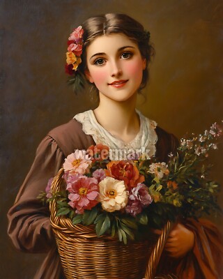 Victorian woman with a basket of flowers oil Painting 8x10 Print | eBay