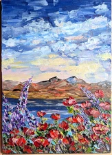 ORIGINAL OIL Painting "Lavenders and Poppies" heavy impasto 7"x5" by Olga Diduh.