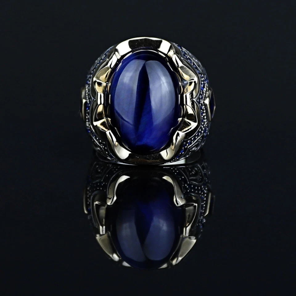 925 Ручной работы мужчин натуральный синий тигровый глаз драгоценный камень кольцо - Изображение 2 из 4