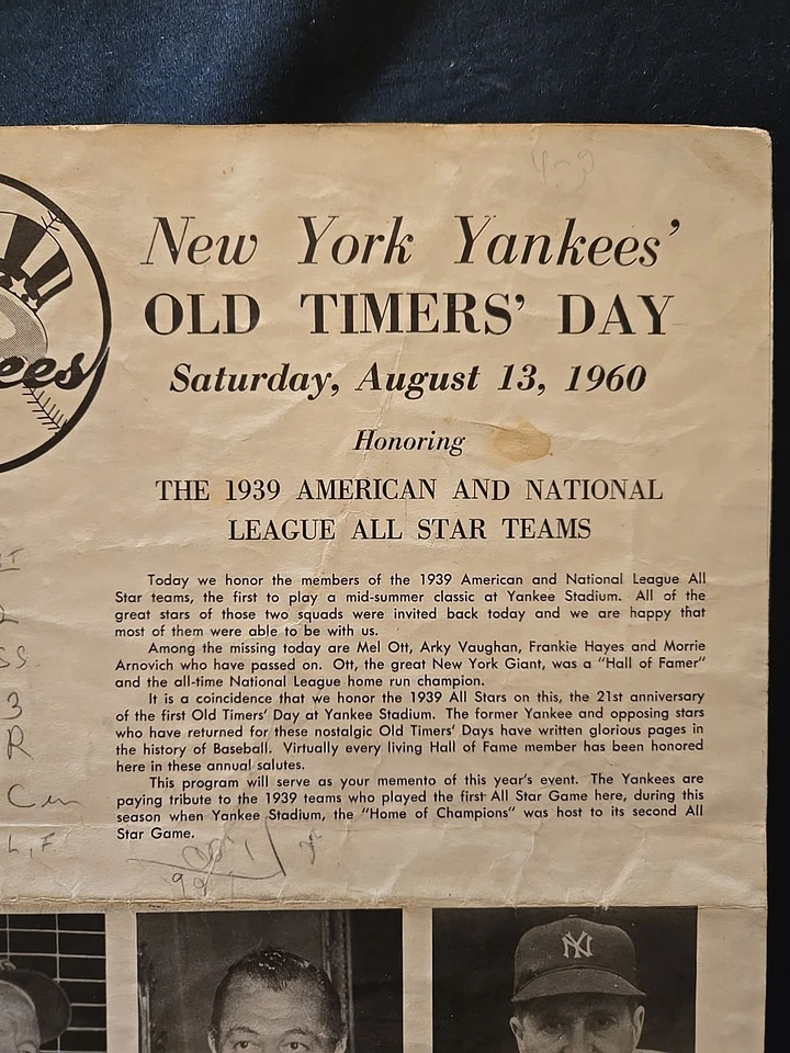 1960 New York Yankees Old Timers' Day Program | 30/08/1960 | 1939 All-Stars Foto 2 de 4