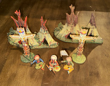 Vintage Elastolin Native American Indian Set Teepees Totem Poles 3 Sitting Chief