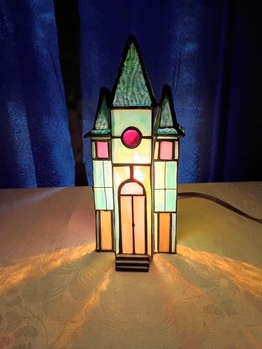 Vintage? Tiffany Style Leaded Stain Glass Church Accent Lamp 9.5"T Works/Bulb