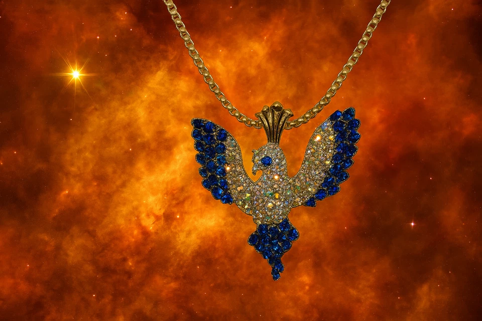 🔥 豪华凤凰吊坠 皇家蓝色和金色 双面水晶项链 手工制作 — 第 4/4 张图片