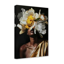 African American Wall Art African Black Girl Picture Abstract Flower on Black...