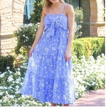 J. Marie Blue Floral Tie Front Tiered Maxi Dress cottagecore shower M baby doll