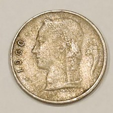 1960 Belgium 1 Franc Coin Belgie Belgique KM#140 Nickel Vintage Circulated