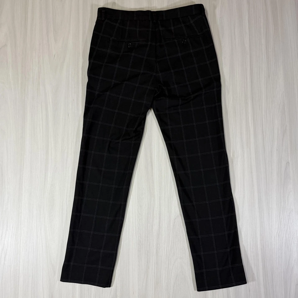 H&M Pants Mens 31 Black Windowpane Slim Fit Stretch Trousers Plaid Flat Front - Image 2 of 4