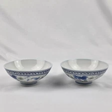 Pair Of 2 Asian porcelain footed rice soup bowls blue/white white floral 4.5 Dia