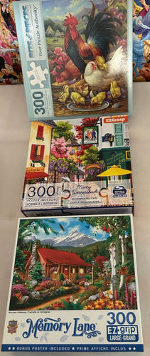 3 gemischtes Set 300 große Teile Puzzle-Hütte/französisches Cafe/Hähne