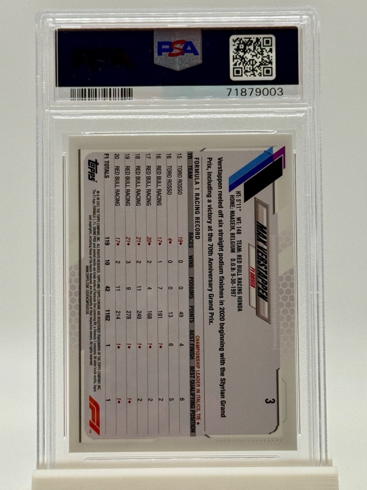 Topps 2021 Chrome Sapphire Formula 1 Sapphire Edition Max Verstappen #3 PSA 10 view 2