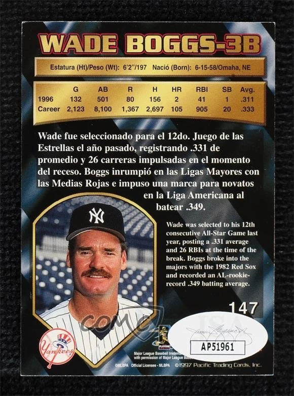 JSA Certified 1997 Pacific Crown Collection Wade Boggs #147 COA Auto HOF - Image 2 of 2