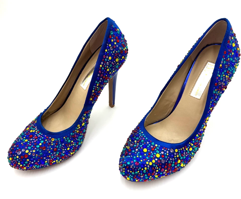 Zapatos de salón INC para mujer talla 6M azul real multicolor estrás tacón alto buenos Foto 4 de 4