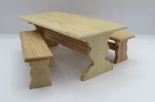 Dollhouse Miniature Oak Wood Kitchen Trestle Table with Bench Seating CLA10567