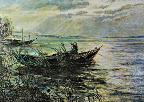 Fritz Strote,XX tolles Gemälde 1973: FISCHER MIT BOOT HOLT AM UFER SEIN NETZ EIN - Bild 2 von 12