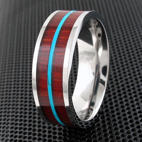 8mm Titanium Hawaiian Koa Wood & Turquoise Wedding Band Ring-Engraving Avail. - Picture 6 of 6