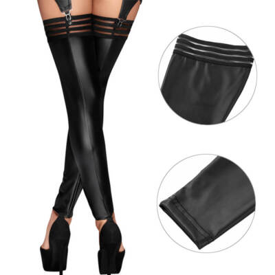 Women's Faux Leather Wet Look Footless Thigh High Stockings Leg Sleeve Leggings
