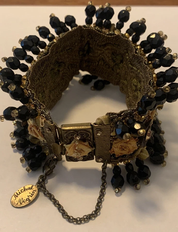 Brazalete Pulsera Michal Negrin Cristales Románticos Cuentas Negras Tela Rosas Ancho Foto 3 de 4