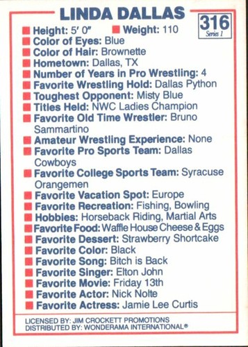 Tarjeta de lucha libre Wonderama NWA 1988 #316 Linda Dallas - Imagen 2 de 2
