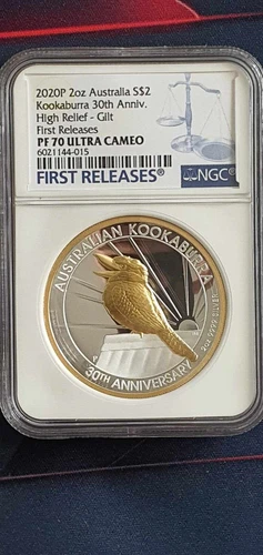 2020 2oz Kookaburra High Relief Gilt Pure Silver/Gold plated NGC PF70, 1000 Min.