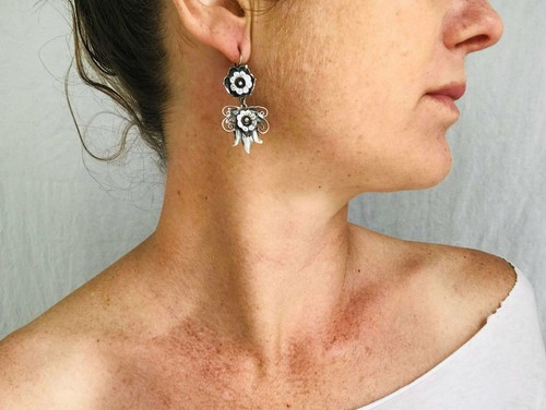 Mazahua Squash Blossom Earrings. Sterling Silver. Mexico. Frida Kahlo - Picture 5 of 5