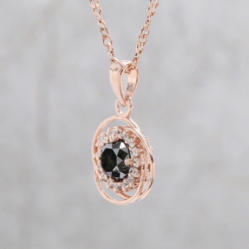 0.83 Ct Natural Round Salt And Pepper Diamond 14K Rose Gold Engagement Pendant - Picture 5 of 9