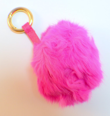 Fur Puff Gold Tone Key Chain Fob Purse Phone Charm Pink Pom Pom