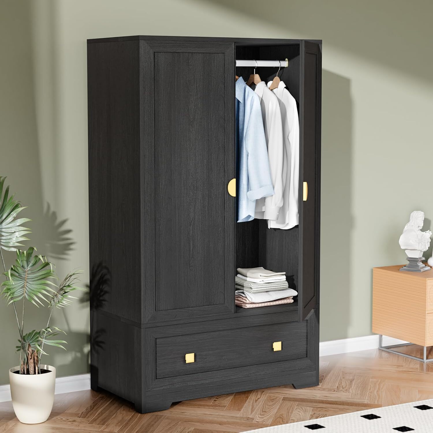 Freestanding Wardrobe Closet,  w Doors,Hanging Rod, Shelves and Drawer, , Black-image