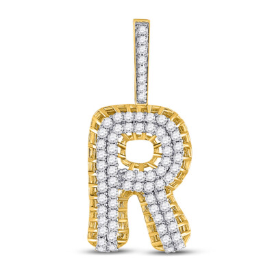 L U DIAMONDS 10K Yellow Gold Mens Diamond R Letter Charm Pendant 1-3/8 CT