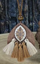 30-32" Sweater Leather Necklace With 3" Wood Pendant Tassel New Free Ship 8026