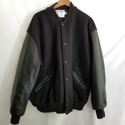 Vintage Delong Jacket Black Varsity Coat Leather / Wool Made in USA Size 3X