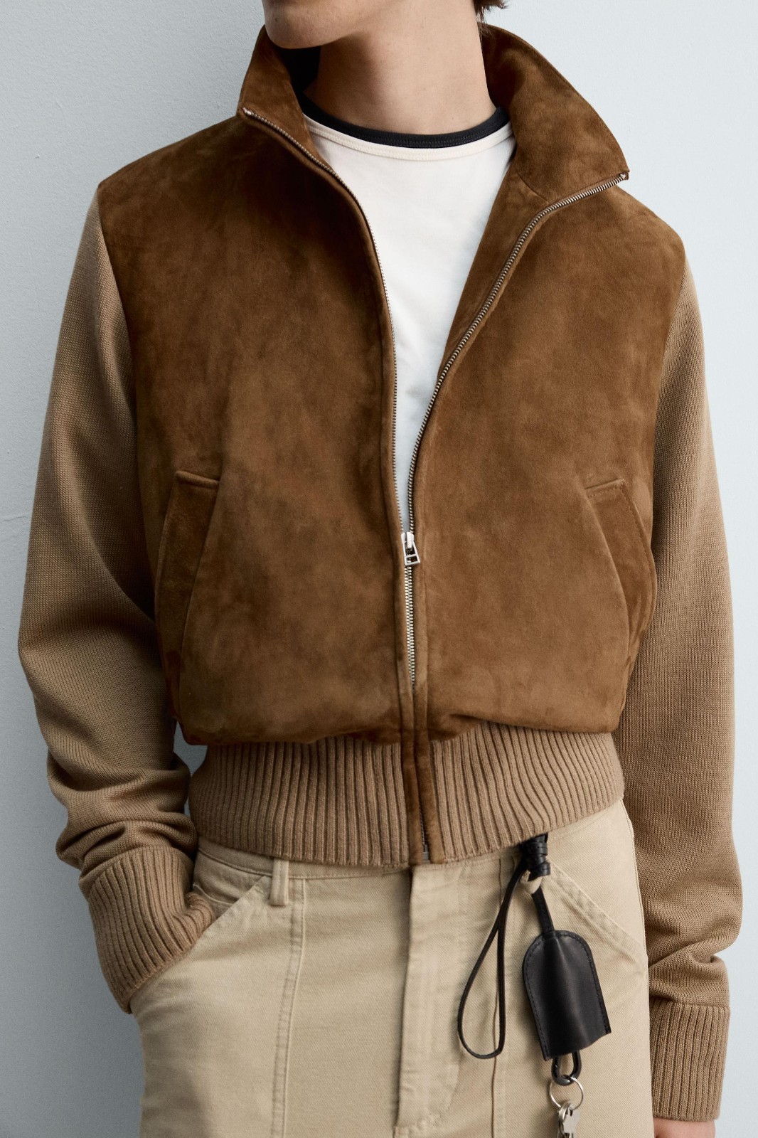 Zara Men's Camel Leather & Knit Overshirt Jacket - Cropped Fit image 4