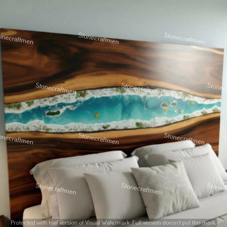 Handmade Ocean Epoxy Headboard | Live Edge Wood, Coastal Decor - Image 3 of 4