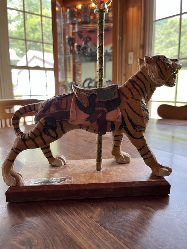 Tiger Wood Carousel Figure on Pole with Wooden Base Decorative Collectible