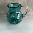 Mexican Hand Blown Glass Art Pitcher Turquoise Multi-Color Confetti 8.5"