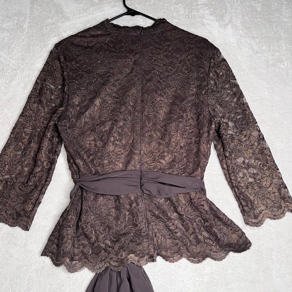 Blusa Alex Evenings Mujer XL Marrón Encaje Envolvente Peplum Manga 3/4 Transparente Cinturón Foto 4 de 4