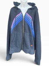 Aviator Nation Mountain Stitch Chevron Zip Hoodie Charcoal Blue Purple Stripe L