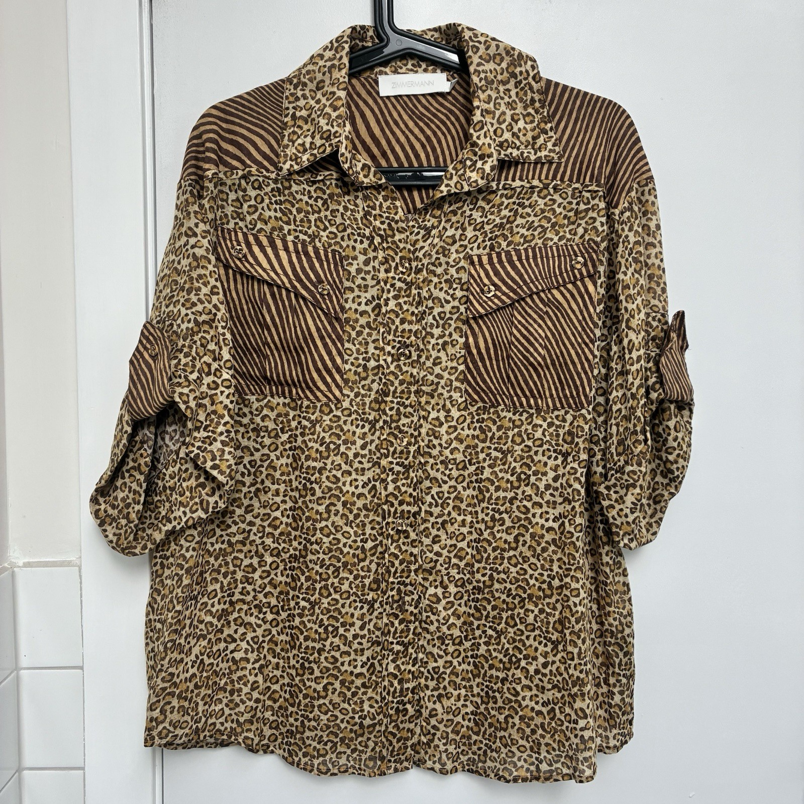 ZIMMERMANN Empire Leopard Safari Size 0 (AU 8-10 US 4-6) CUFFED BLOUSE SHIRT TOP