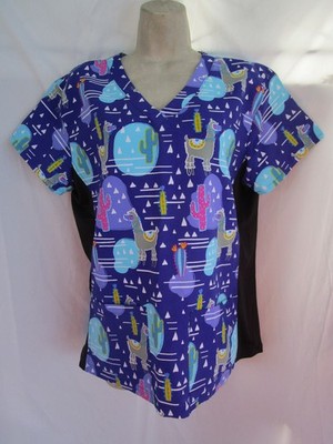 Green Town Cute Funky Llama Cactus Desert Print Pocket Front Scrub Shirt Size M