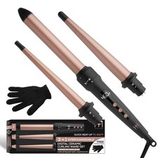 Hot Hotter 3 in 1 Interchangeable Digital Ceramic Curling Wand Set Rose Gold
