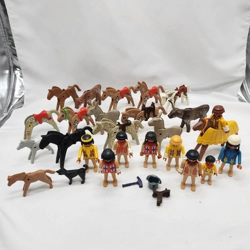 Geobra Playmobil Western Figures Cowboy Horse Lot Of 26 Indian 1970s 80s Vintage