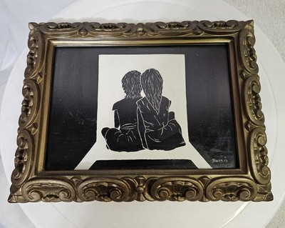 vtg Ornate Composite frame Silhouette Boy Girl Couple -Signed Harris 8.5X6.5''-RE