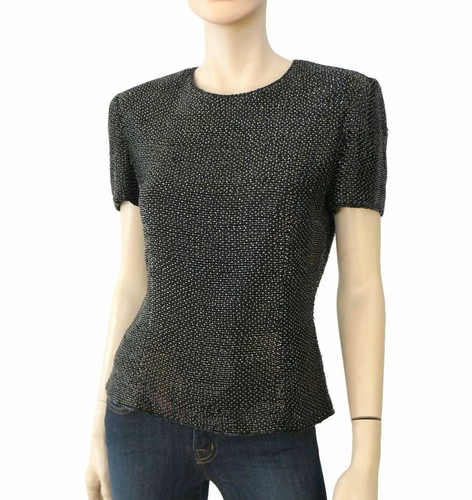 Vintage FRED HAYMAN sz S Beaded Black Short Sleeve Top Blouse - Picture 2 of 5