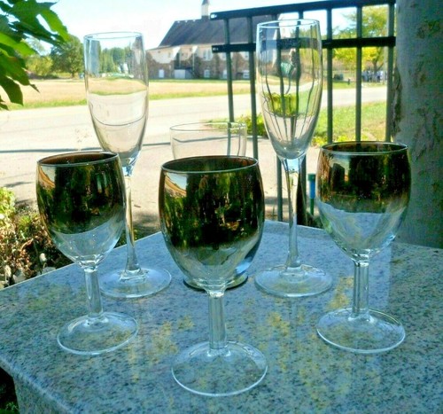 Silver Wine Glass Clear Mirror Smoke Gray Table Glass Stemware Stem Vtg Lot of 6 - Picture 17 of 22