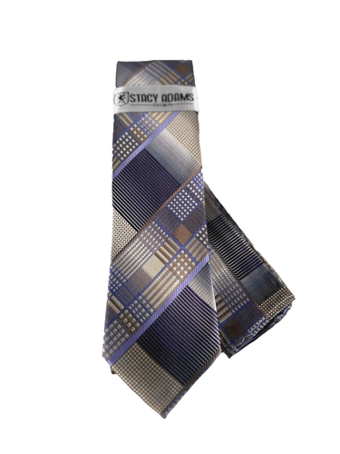 Stacy Adams Men's Tie & Hanky Beige Purple Rust Lilac Silver Plaids 3.25" Wide - Picture 2 of 6